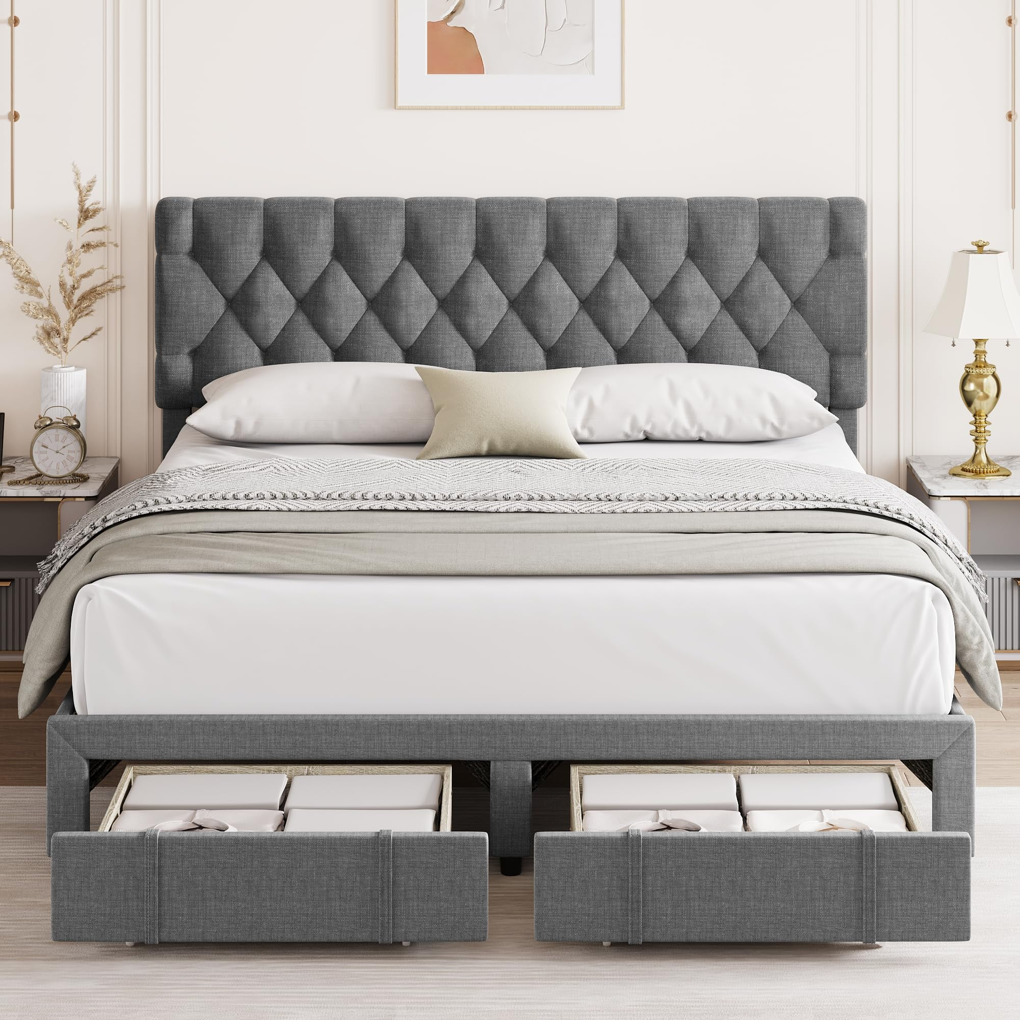 Dsstyles King Size Bed Frame With 2 Storage Drawers, Upholstered ... with Smart storage ideas for king bed frames that maximize bedroom space efficiency