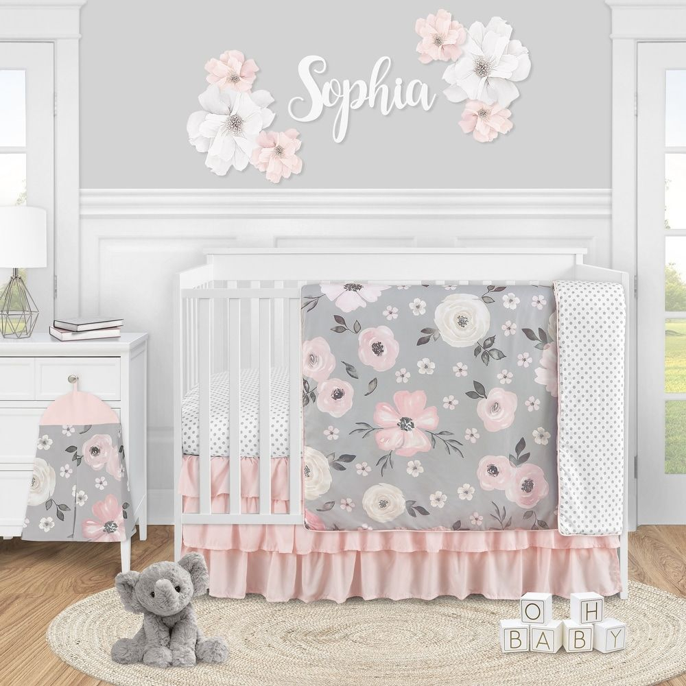 Grey Watercolor Floral Girl 4Pc Nursery Crib Bedding Set - Blush Pink ... within What to Look for in a Safe and Comfortable Baby Crib Bedding Set for Girls in 2026