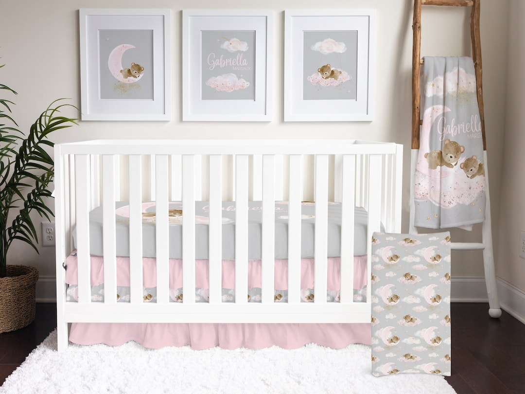 Pink And Gray Baby Girl Crib Bedding Set, Teddy Bear Nursery Bedding ... intended for Baby Crib Bedding Sets Girl