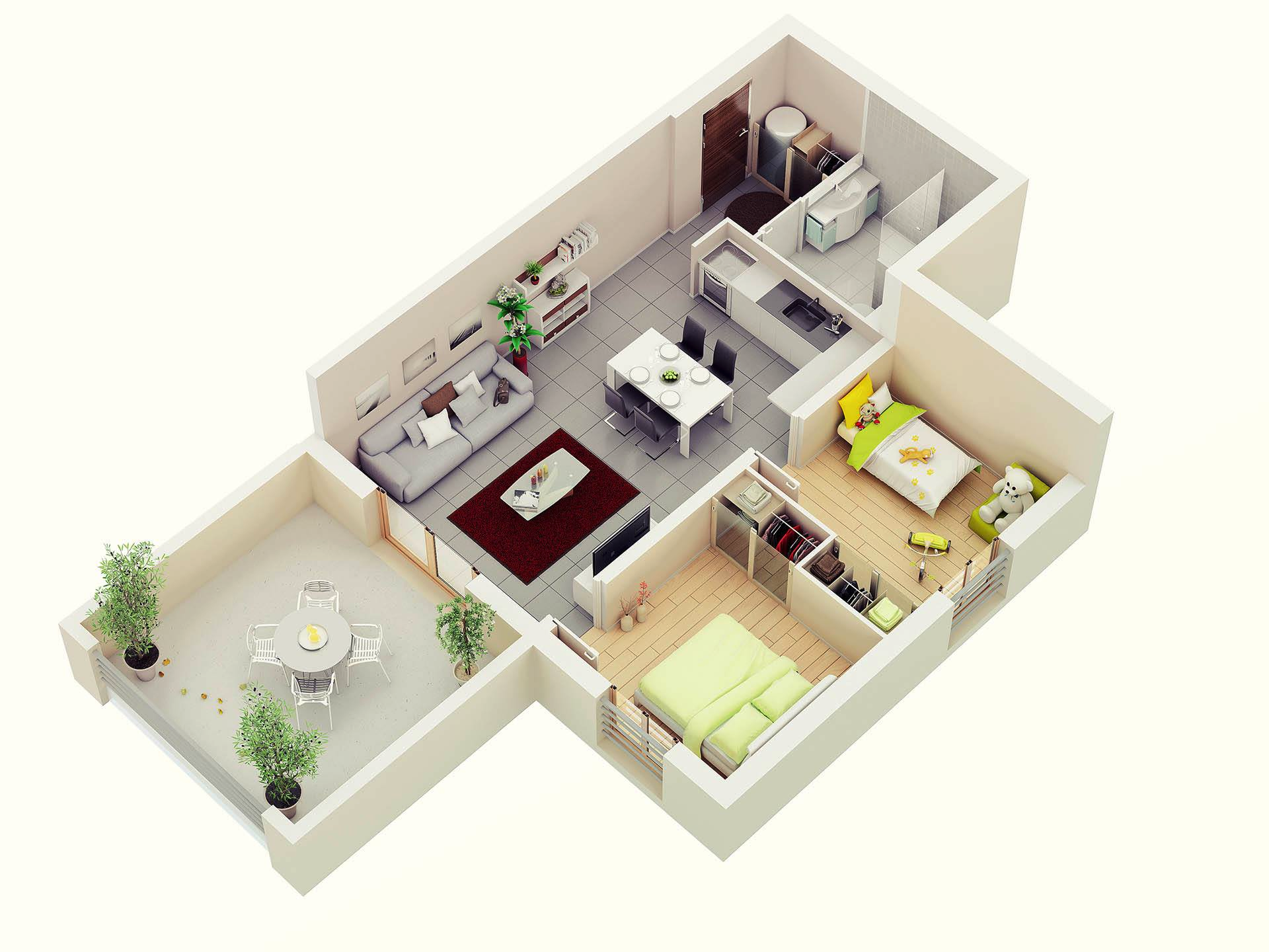 25 More 2 Bedroom 3D Floor Plans intended for Smart design tricks that make a small two bedroom floor plan feel spacious and open