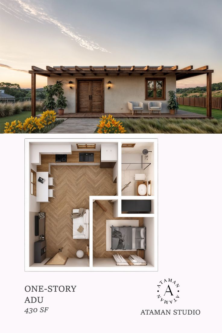 Compact Adu Design With Floor Plan — 430 Sq Ft One-Story Layout | Small ... inside Small 1 Bedroom House Plans