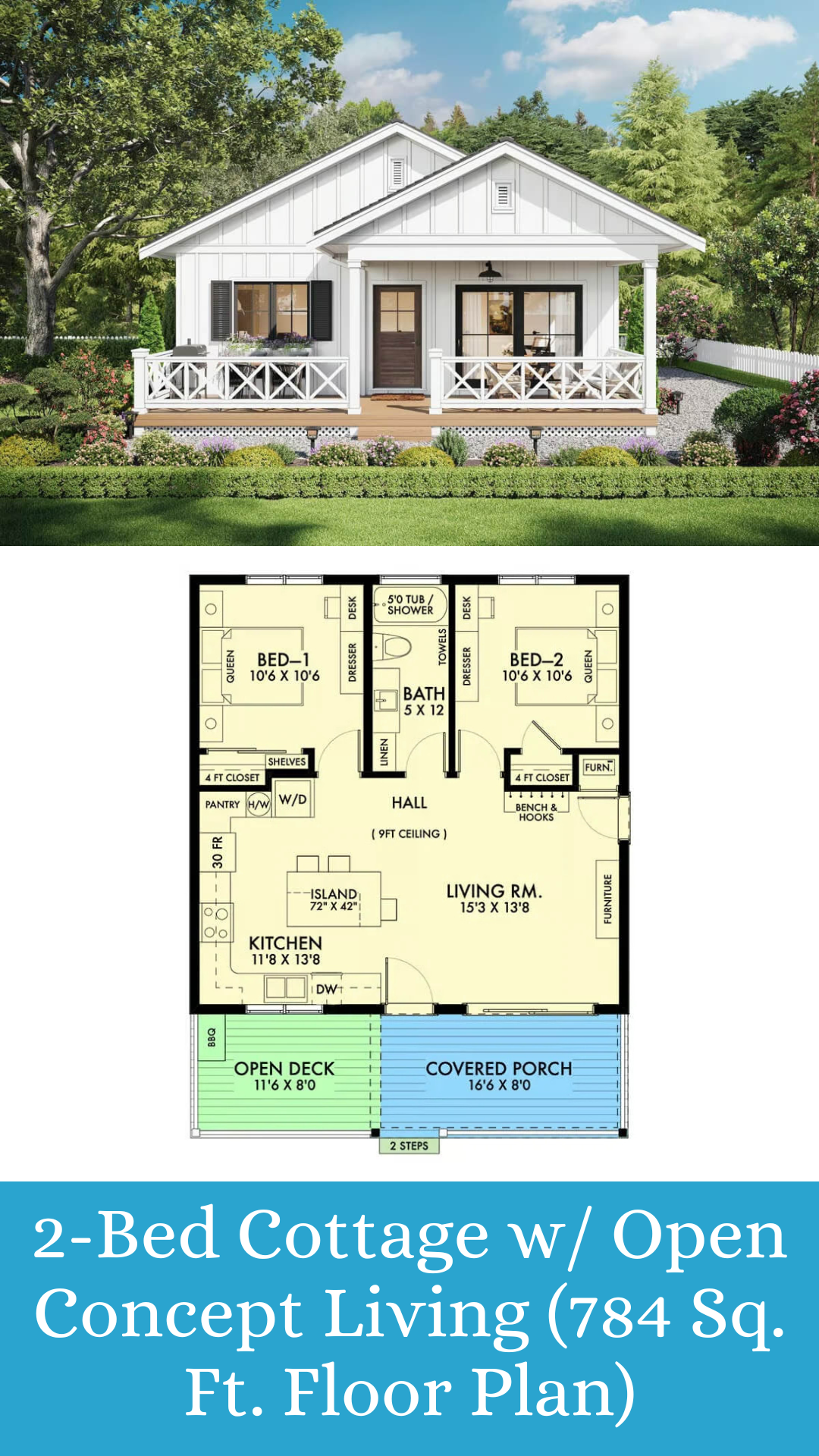 2-Bedroom Country Cottage With Front Porch And Open-Concept Living ... with Cottage Floor Plans 2 Bedroom