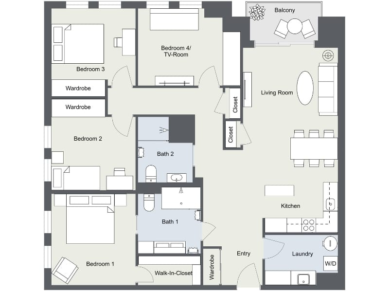 Best Four-Bedroom Apartment Floor Plans inside Small House 4 Bedroom Plan