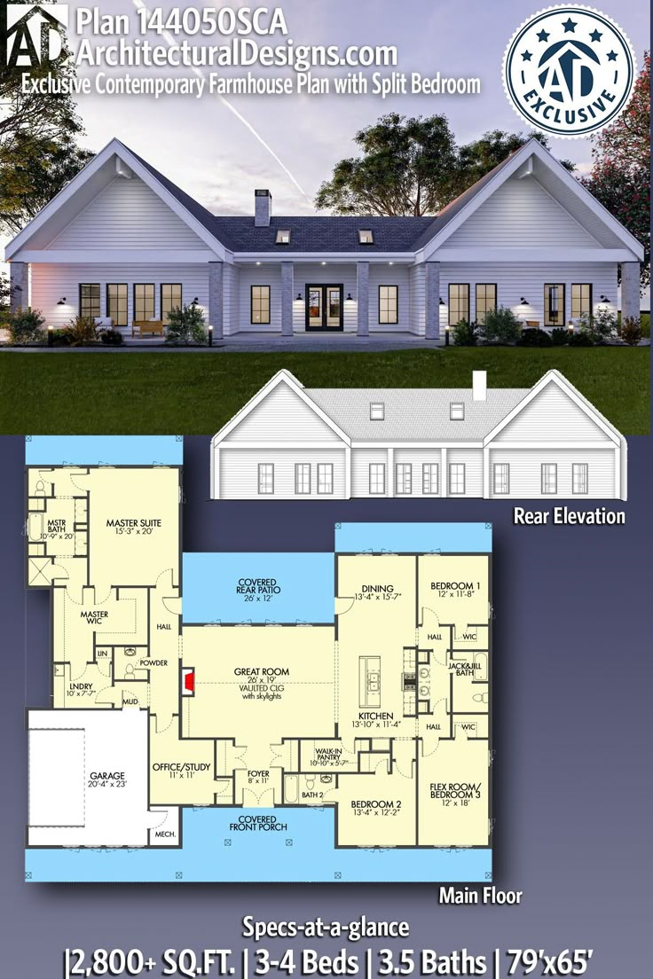Plan 144050Sca: Exclusive Contemporary Farmhouse Plan With Split ... throughout 1800 Sq Ft Ranch Style House Plans