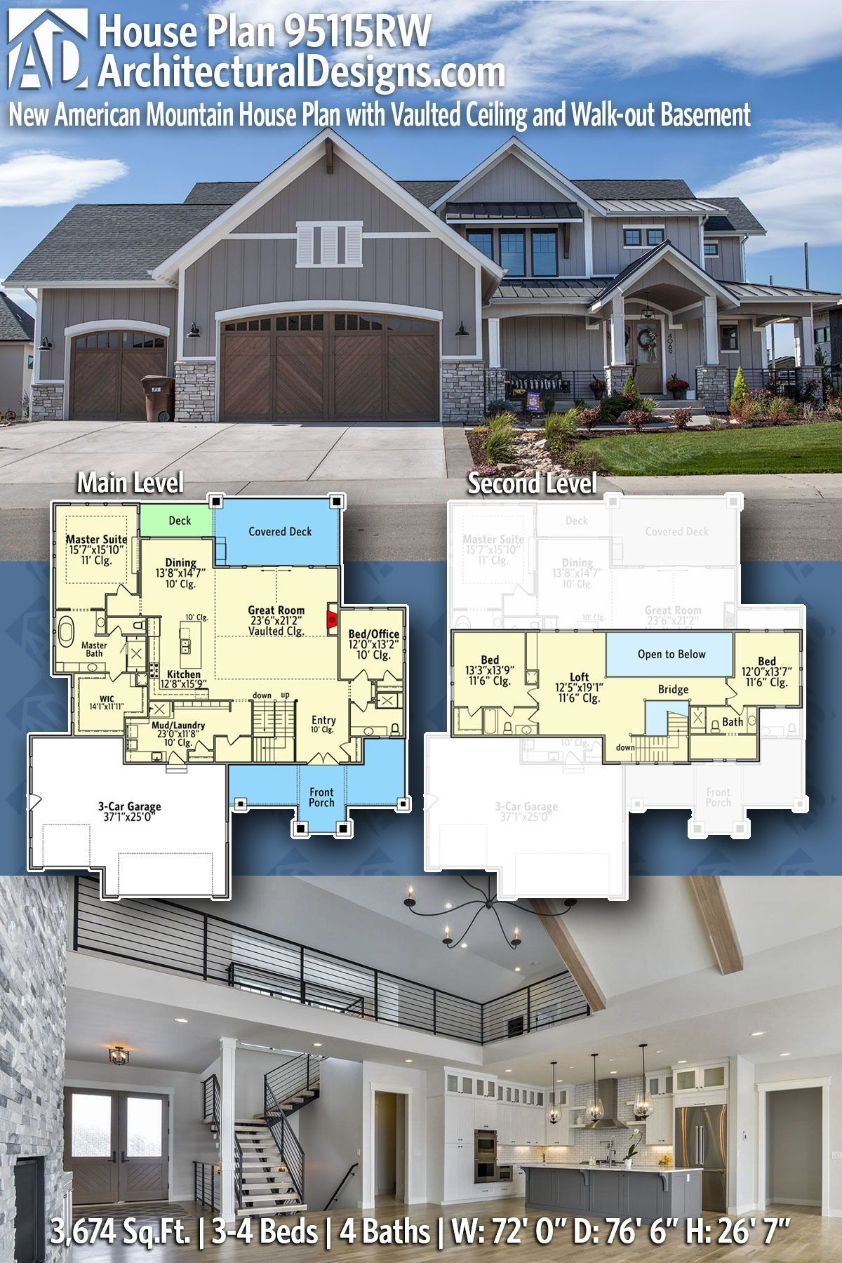 Plan 95115Rw: New American Mountain House Plan With Vaulted Ceiling And ... regarding Mountain Home Plans With Walkout Basement